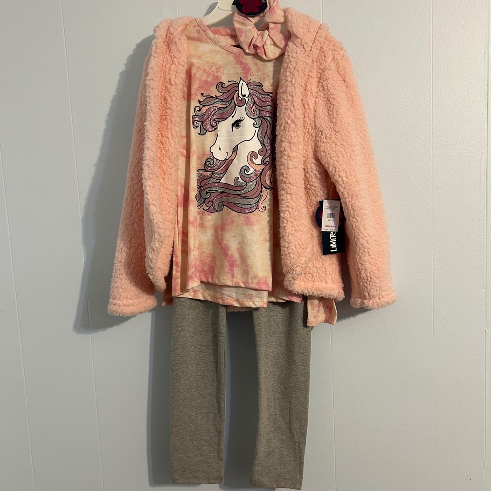 Limited Too Girls Unicorn Tie Dye Sherpa Jacket Leggings & Scrunchie Set Size 10